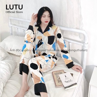 Bộ ngủ lụa hình hạc tay dài cổ phối