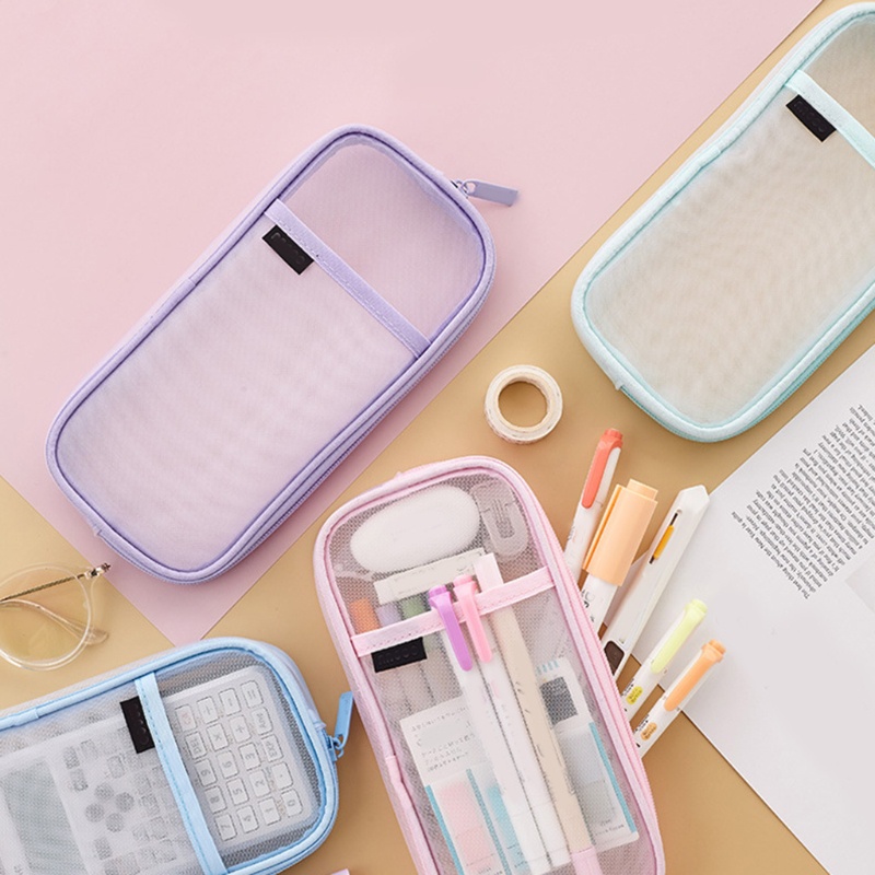 Túi Lưới Đựng Bút 2 Tầng Có Khóa Kéo Nhỏ Gọn Giá Đỡ