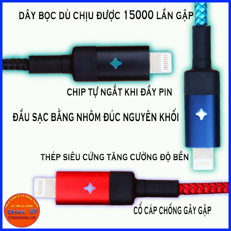 Dây Cáp Sạc iphone Tự Ngắt Khi Đầy Pin - Có Đèn Led - Chính hãng E-Com - Bọc dù chống đứt _ storenp