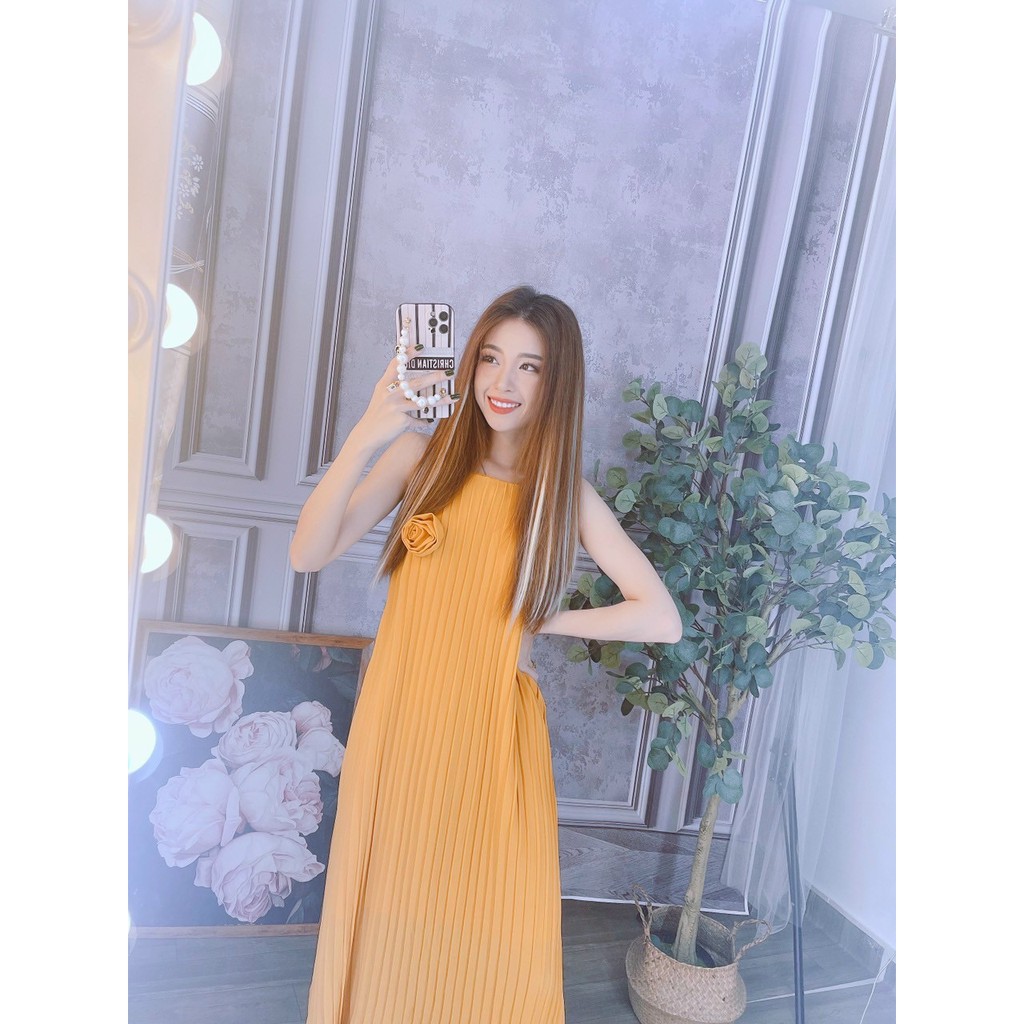 Đầm dập ly hai dây cổ yếm voan trơn