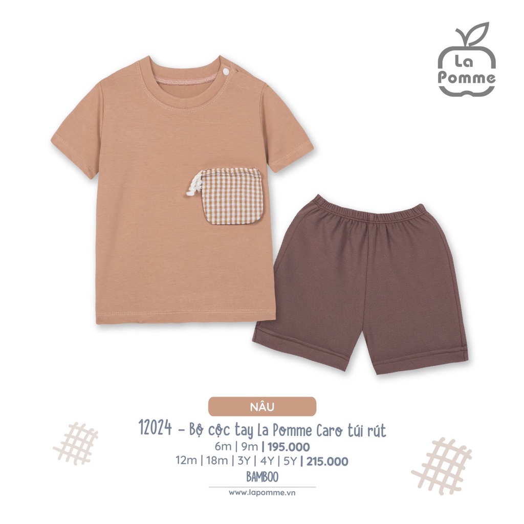 Bộ La Pomme cộc tay chất Bamboo cao cấp mềm mịn thoáng mát thấm hút tốt trơn phối túi rút caro cho bé trai bé gái 12024