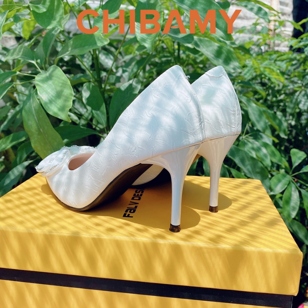 Giày cao gót mũi nhọn nữ đính nơ da nhăn CHIBAMY mã CG04, Giày gót nhọn 8cm đi tiệc, giày cưới cô dâu