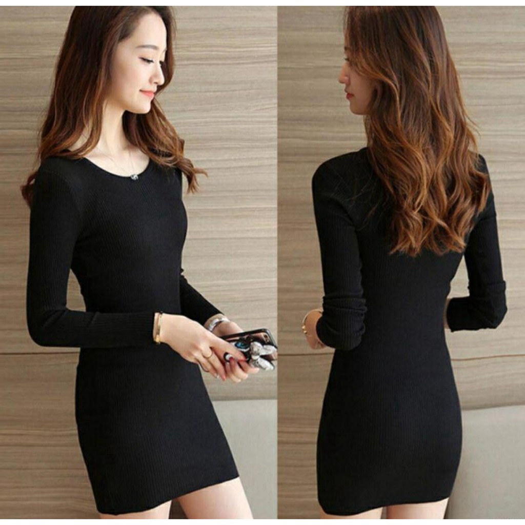 Váy Body Dài Tay dài cổ tròn Chất Thun Gân Đẹp