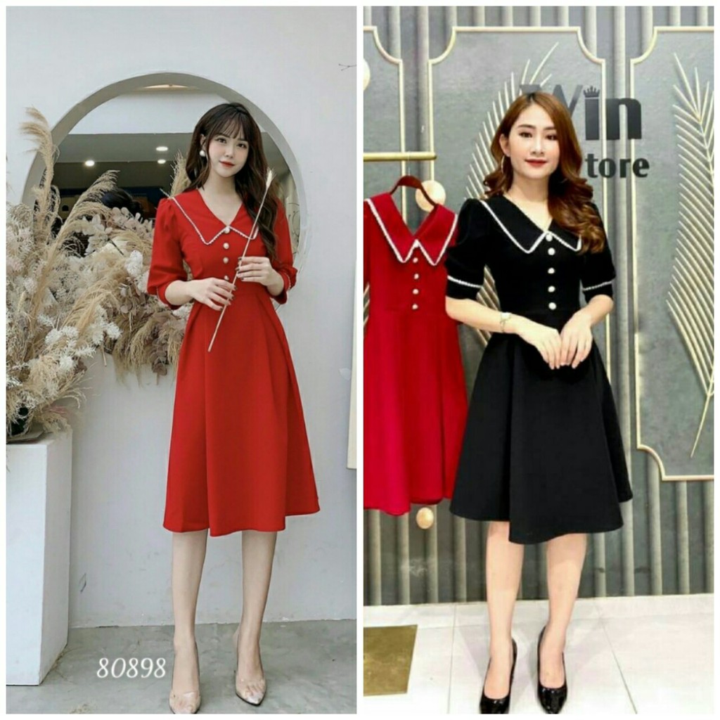 Đầm xòe vintage cổ điển phối viền xinh đẹp