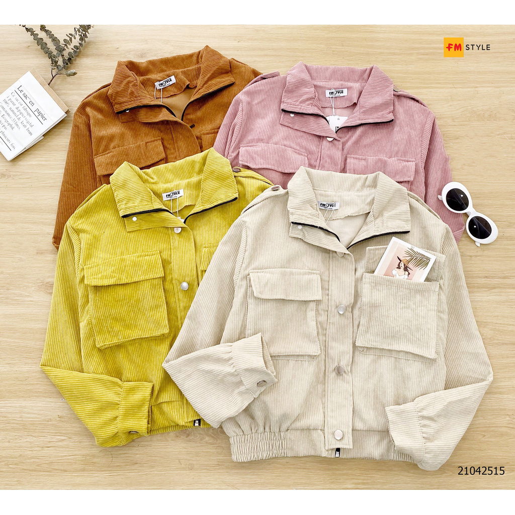 Áo khoác kaki nữ FM Style form rộng dáng ngắn chất xịt phối túi siêu xinh thời trang thu đông 210704113