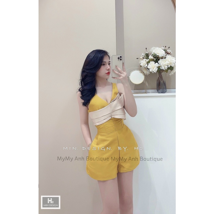 Jumpsuit đùi nữ hai dây bản to phối nơ trắng dễ thương