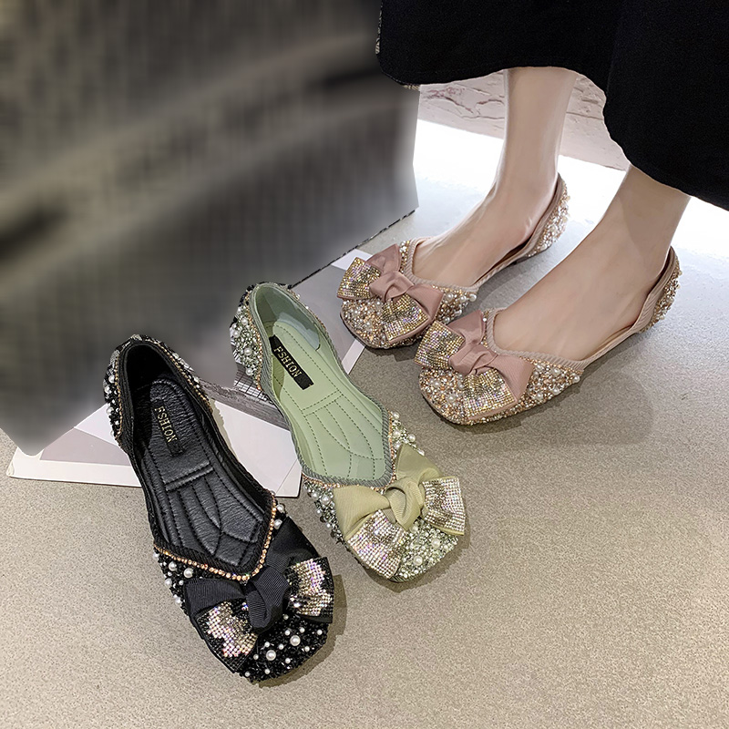 Giày đế phẳng mũi vuông đính nơ thời trang cho nữ