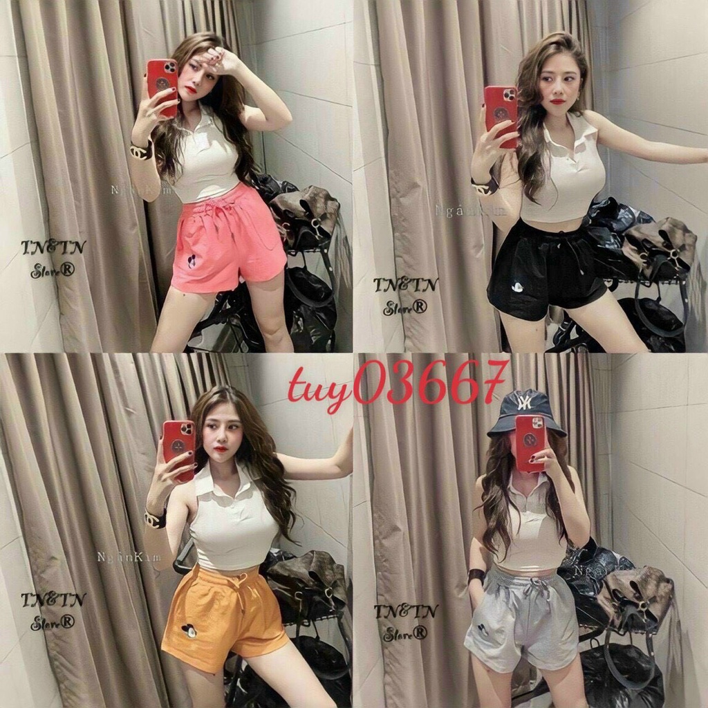 set bộ nữ áo croptop cổ bẻ ba lỗ kèm quần thun thêu chuột pc