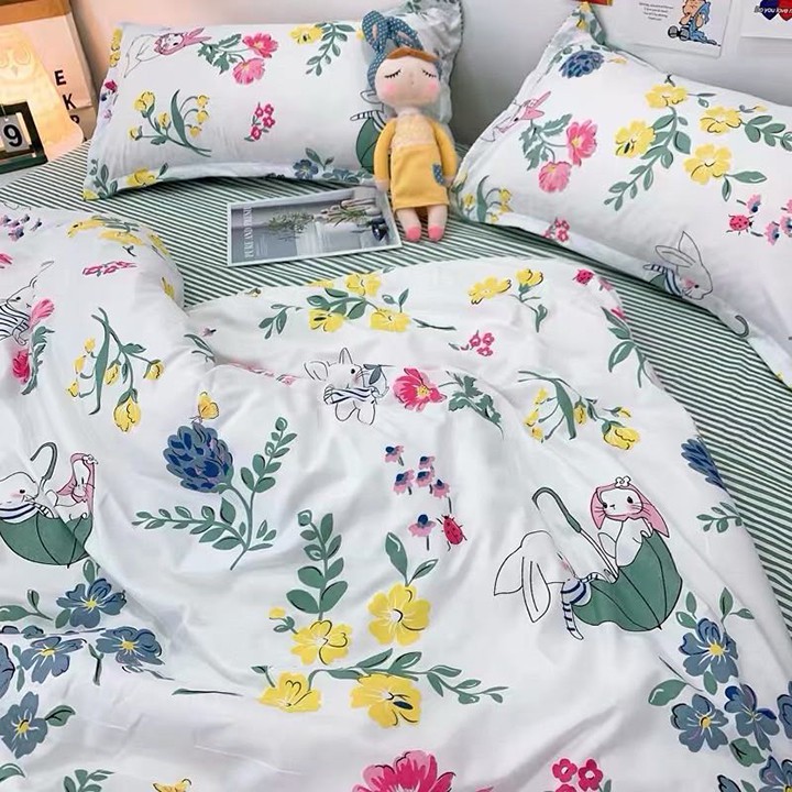 Bộ chăn ga gối , drap giường chất cotton poly họa tiết thỏ hoa