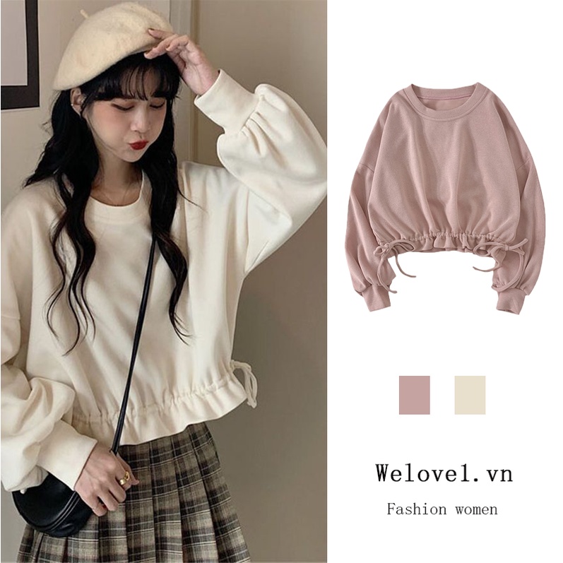Áo croptop tay dài dáng rộng vải mỏng phối dây rút thời trang Hàn Quốc cho nữ