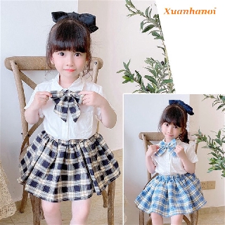 Set bé gái chân váy kẻ caro áp trắng kèm nơ cổ XHN313