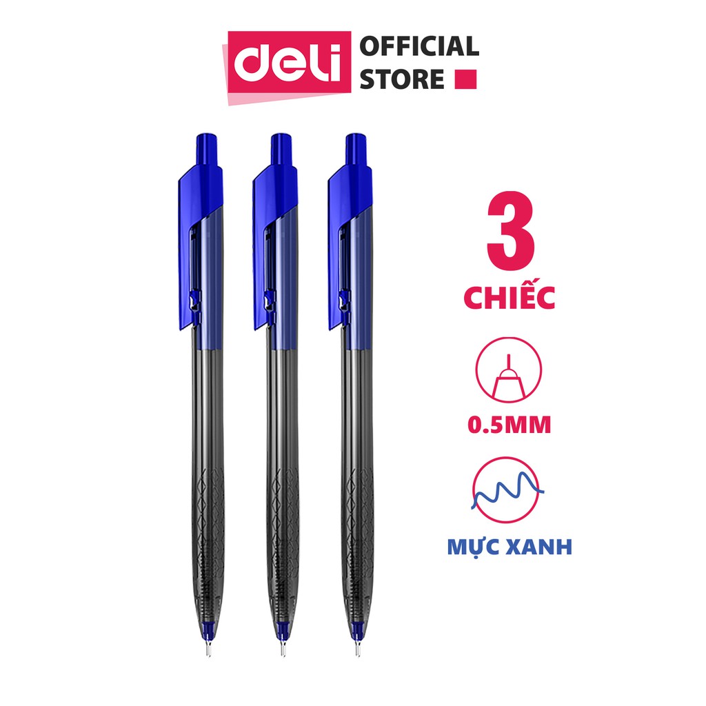 Bút bi dầu Deli - 0.5mm - Mực Xanh/Đen - 3 cây/1 túi - EQ01232 / EQ00822 / EQ00832 / EQ01222