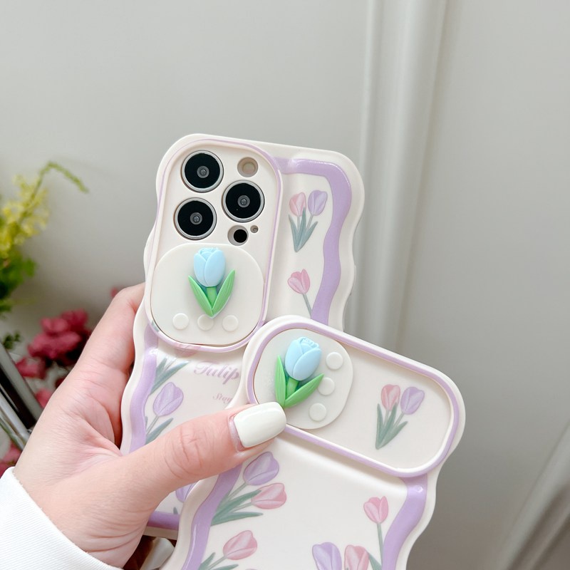 Pushable Ice Cream Style Soft Case for IPhone 11 12 13 14 Pro Max Casing Phone Cover Camera Protection Cute purple tulip Girl Women Shin Case
