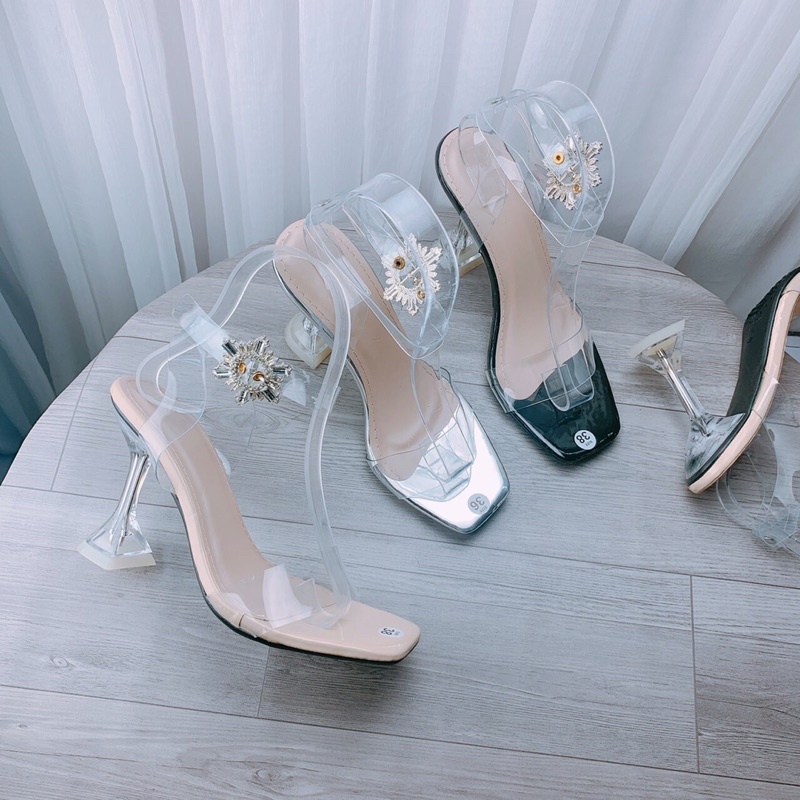 Sandal guốc cao gót quai trong đá mặt trời cao cấp 7cm - Q13