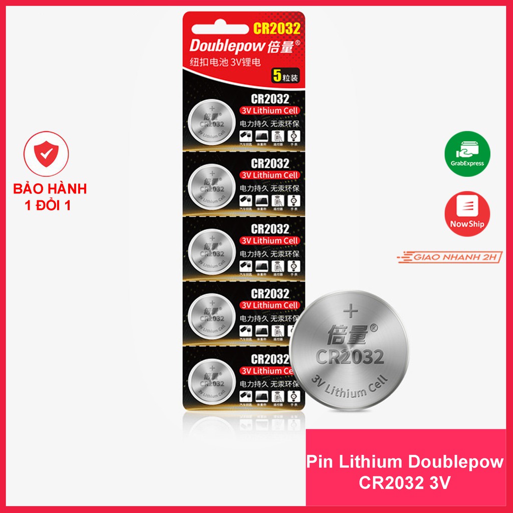 Pin Lithium CR2032 3V Doublepow cao cấp- Vỉ 5 viên - Dùng cho Smart key ô tô, xe máy, cân điện tử, bo mạch chủ,..