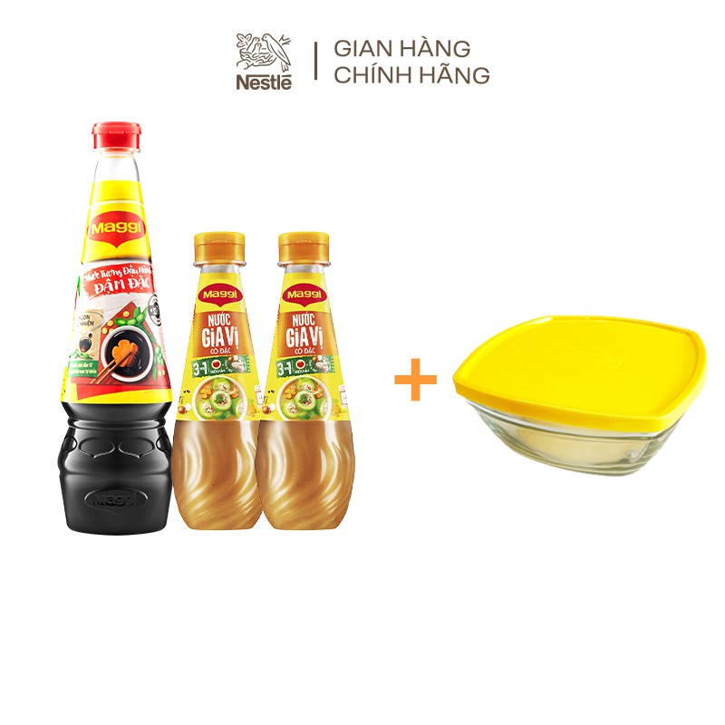 [Tặng 1 thố thủy tinh 1.8L] Combo 3 Maggi: 1 chai nước tương đậu nành đậm đặc 700ml + 2 chai nước gia vị cô đặc 350g