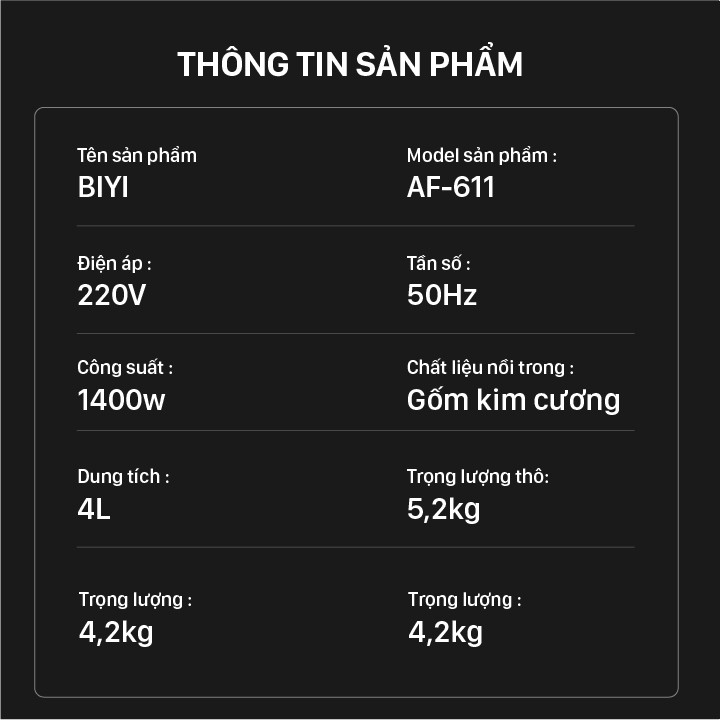 Nồi Chiên Không Dầu 4 Lít BIYI AF611 -  Bảo Hành 12 Tháng - Bếp Chiên Chống Dính - An Toàn, Tiện Lợi