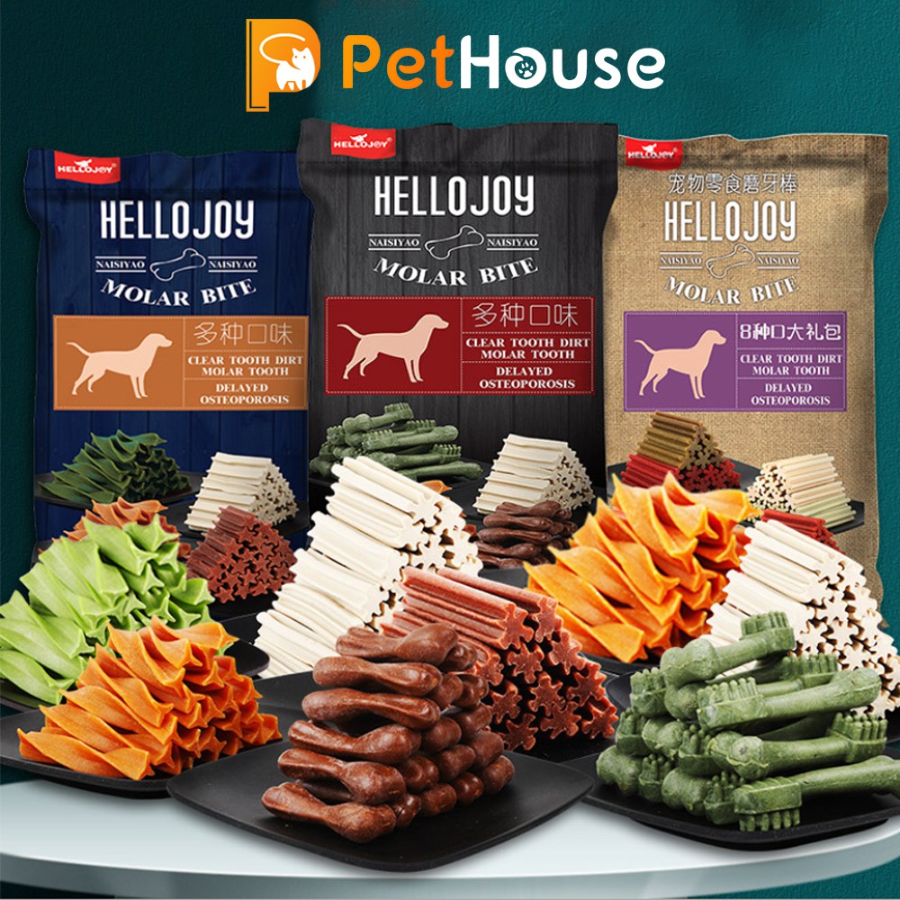 Xương gặm sạch răng Hello Joy 8 vị (800g) Bánh thưởng cho chó mèo thú cưng