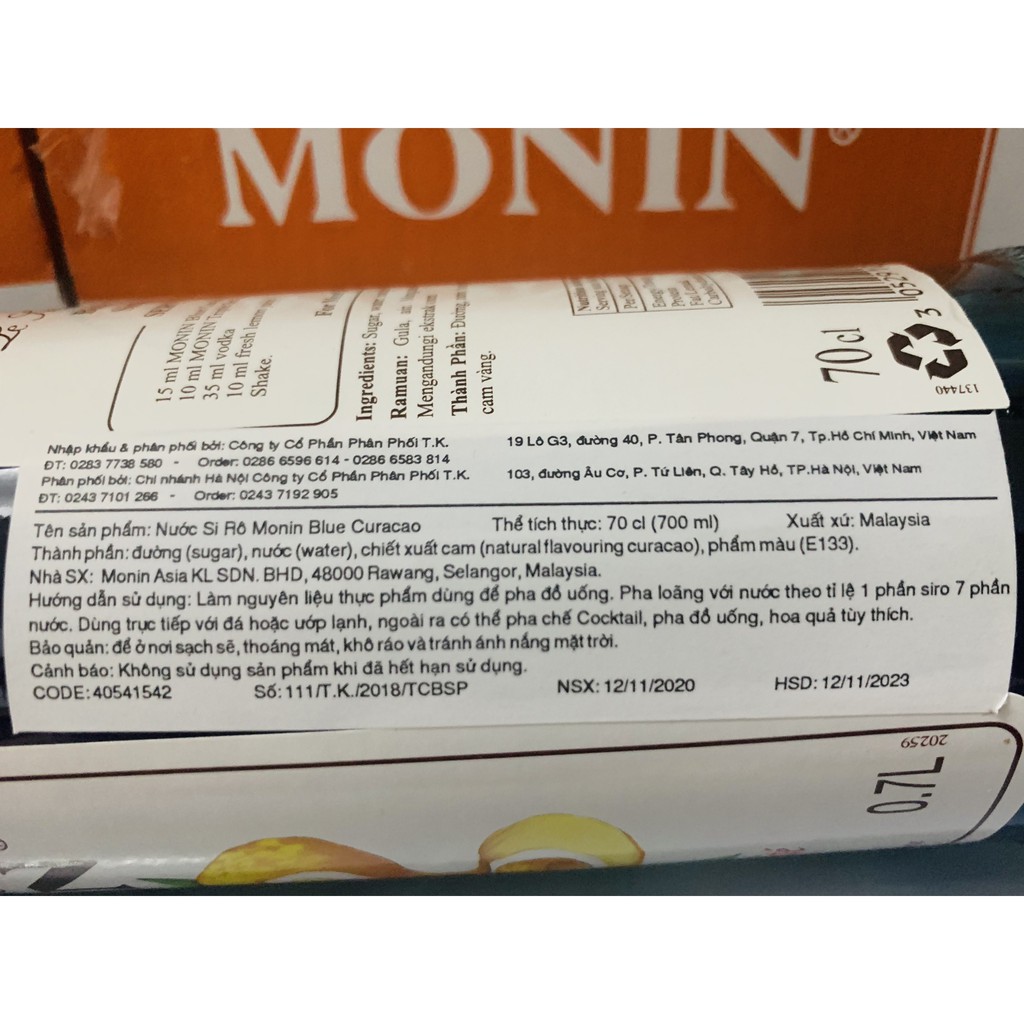 Syrup Monin Curacao Bleu chai thủy tinh 700ml