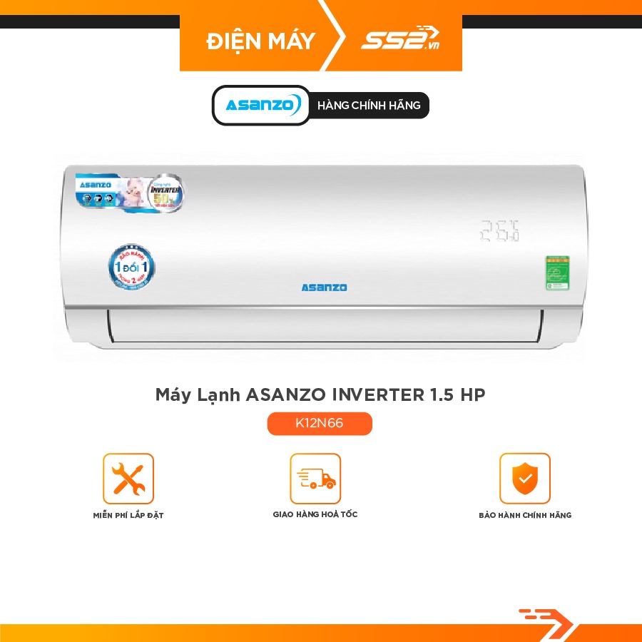 [Mã ELHA10 giảm 6% đơn 5TR] Máy lạnh Asanzo Inverter 1.5 HP K12N66 - Cam Kết Chính Hãng 100%