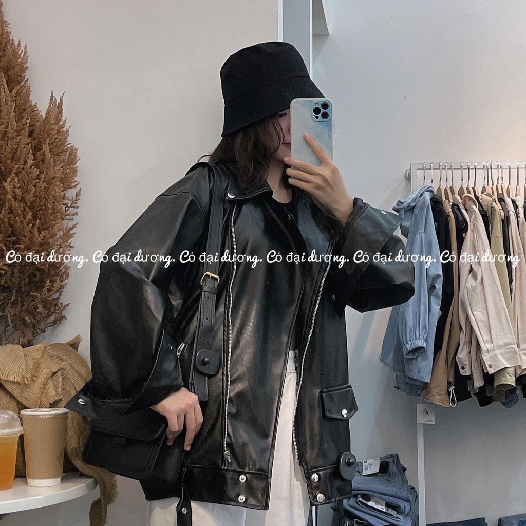 Áo khoác da FREESHIP Áo khoác da nữ basic siêu ngầu màu đen over siz