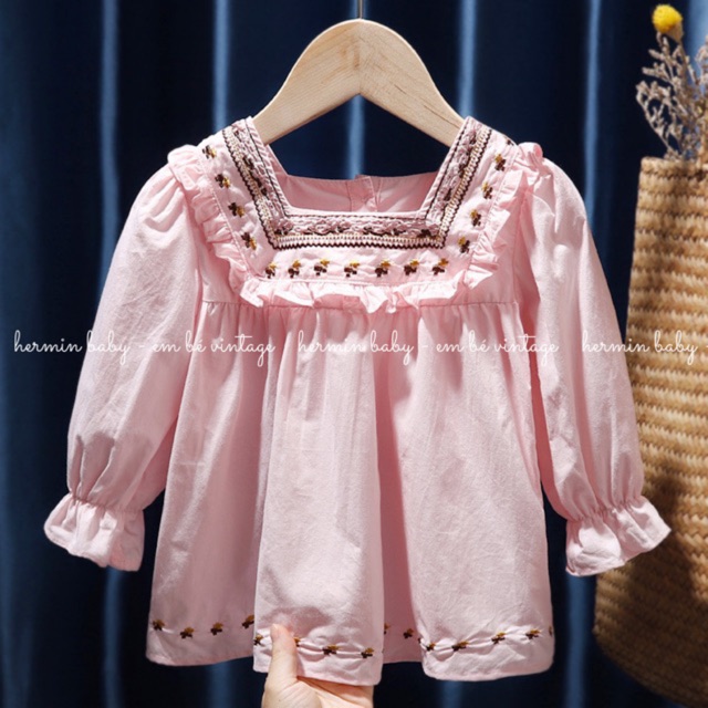 Váy babydoll thêu hoa dài tay cho bé gái chất thô mát cực dễ thương (ảnh thật)