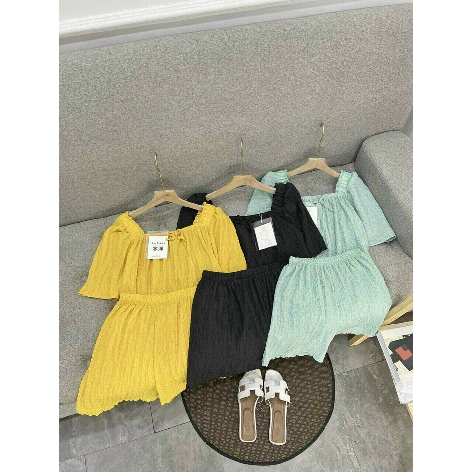 Gunkaymatter Sét Bộ Áo Tay Ngắn Cổ Vuông Cột Nơ Kèm Quần Đùi Thời Trang Nữ Thiết Kế Phù Hợp Mọi Phong Cách