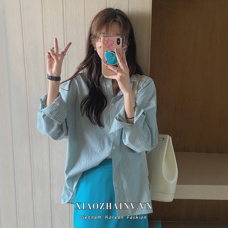 Xiaozhainv Áo Sơ Mi Dài Tay Kẻ Sọc Phong Cách Hàn Quốc Hợp Thời Trang Cho Nữ