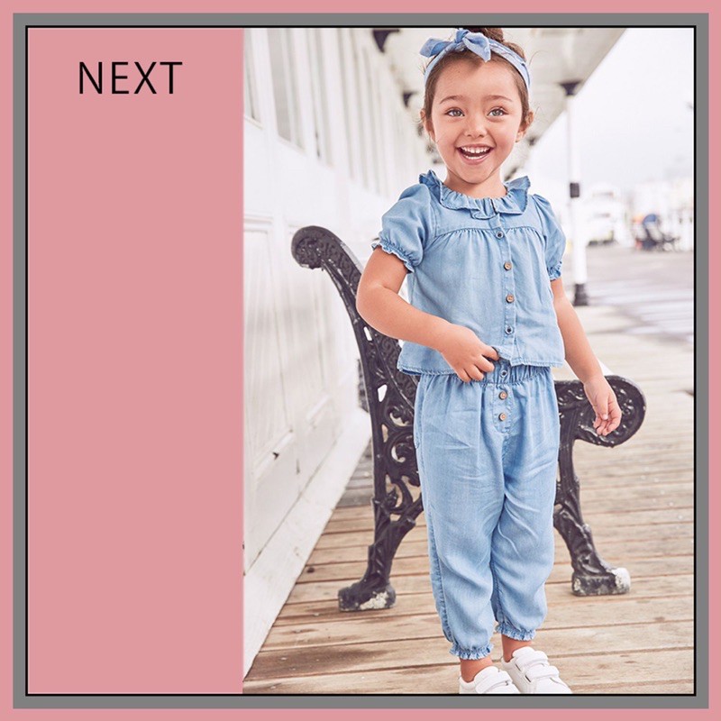 Set bò denim mỏng bé gái viền bèo 2-8Y (áo cộc, quần dài)