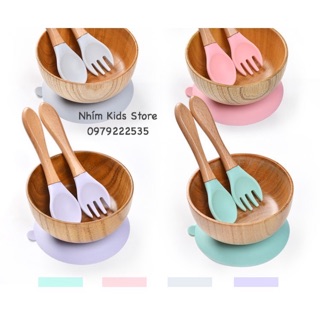 Bát gỗ ăn dặm chống đổ kèm thìa dĩa silicone cao cấp Chứng Nhận an toàn cho bé