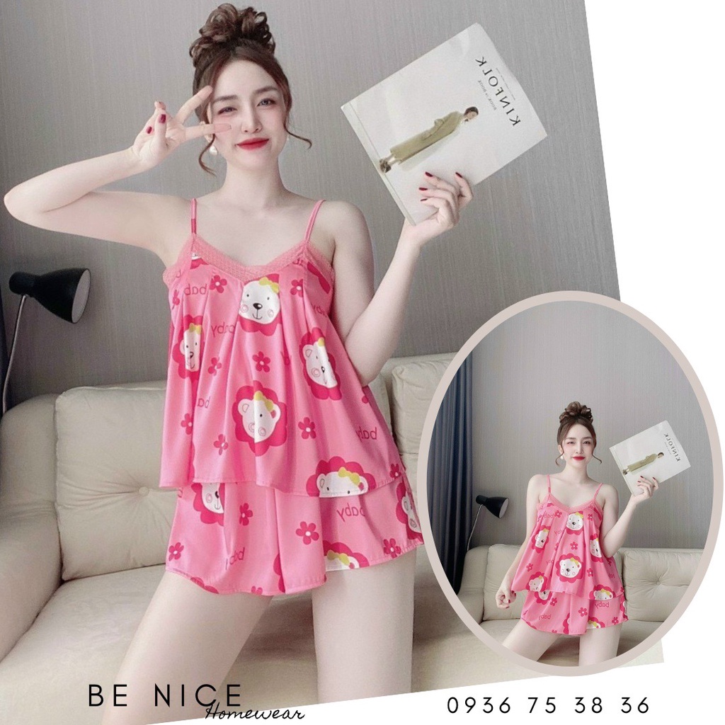 Set hai dây lụa ngắn mặc nhà phối ren nhiều họa tiết xinh xắn nhà Be Nice Homewear