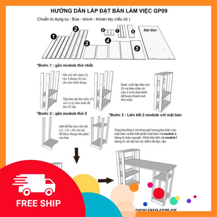 Bàn làm việc lắp ráp tiện lợi,có kệ sách