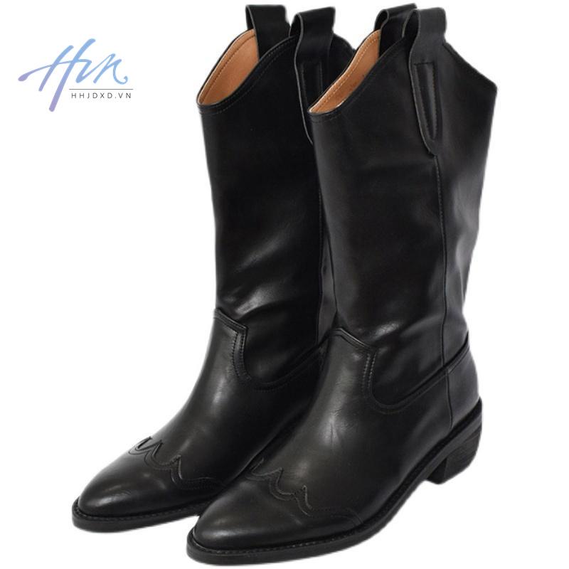 Giày Bốt Cao Bồi Bằng Da Thật Mũi Nhọn Gót Dày Vừa Vặn Phong Cách Cao Bồi Phương Tây Cho Nữ