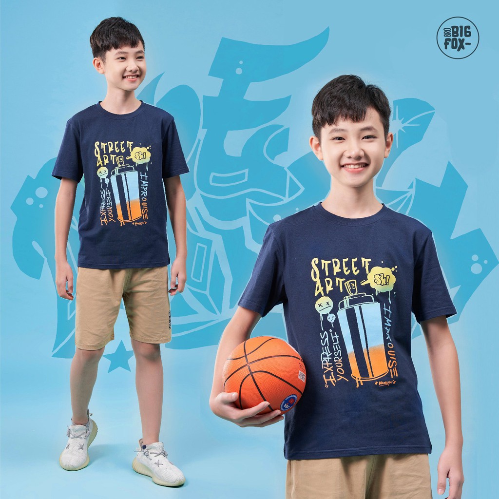 [MÃ BIGFBIF10 GIẢM 10K] Áo Phông Bé Trai Size Đại Bigfox, Áo Cộc Tay Trẻ Em Navy In Street 12-15, Chất Cotton Xuất