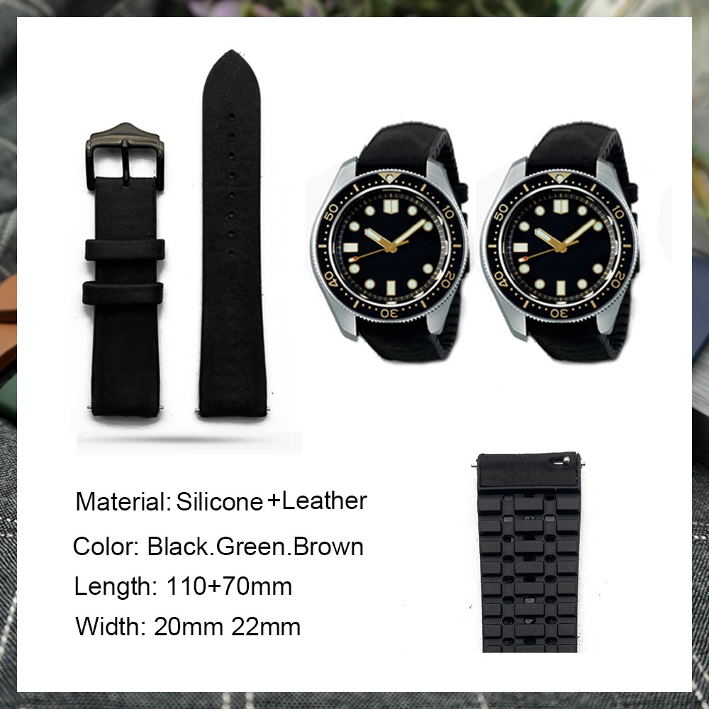 Dây Da + Silicon Chất Lượng Cao Có Khóa Cài Màu Đen 20mm 22mm Cho Đồng Hồ