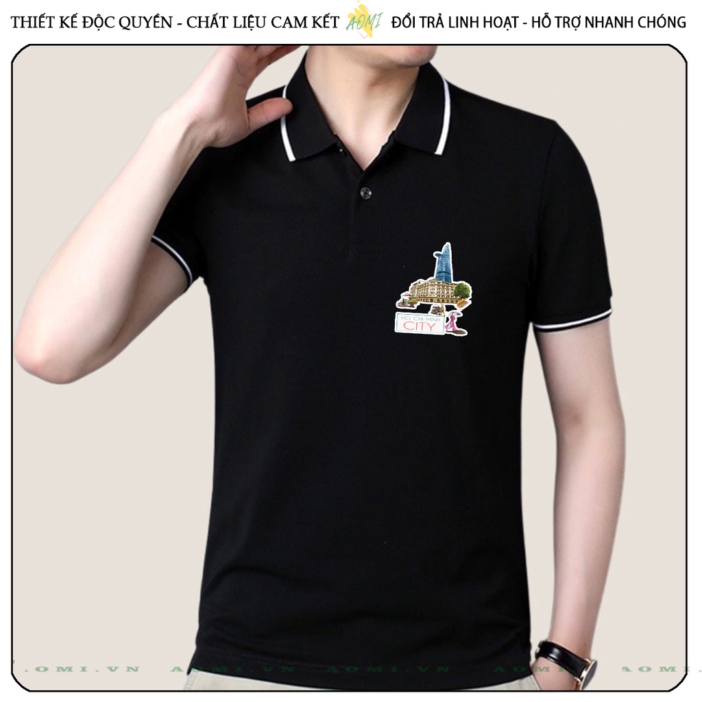 ÁO POLO SÀI GÒN HỒ CHÍ MINH CITY CÁ SẤU MÈ ĐEN TRẮNG VÀNG UNISEX PHÔNG NAM NỮ THUN CỔ BẺ BASIC GIA ĐÌNH AOMIVN
