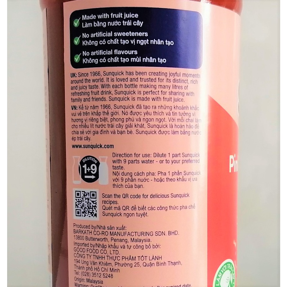 [Chai 700ml - ỔI HỒNG &amp; DÂU] NƯỚC ÉP TRÁI CÂY CÔ ĐẶC [Malaysia] SUNQUICK Pink Guava &amp; Strawbery Fruity (halal)