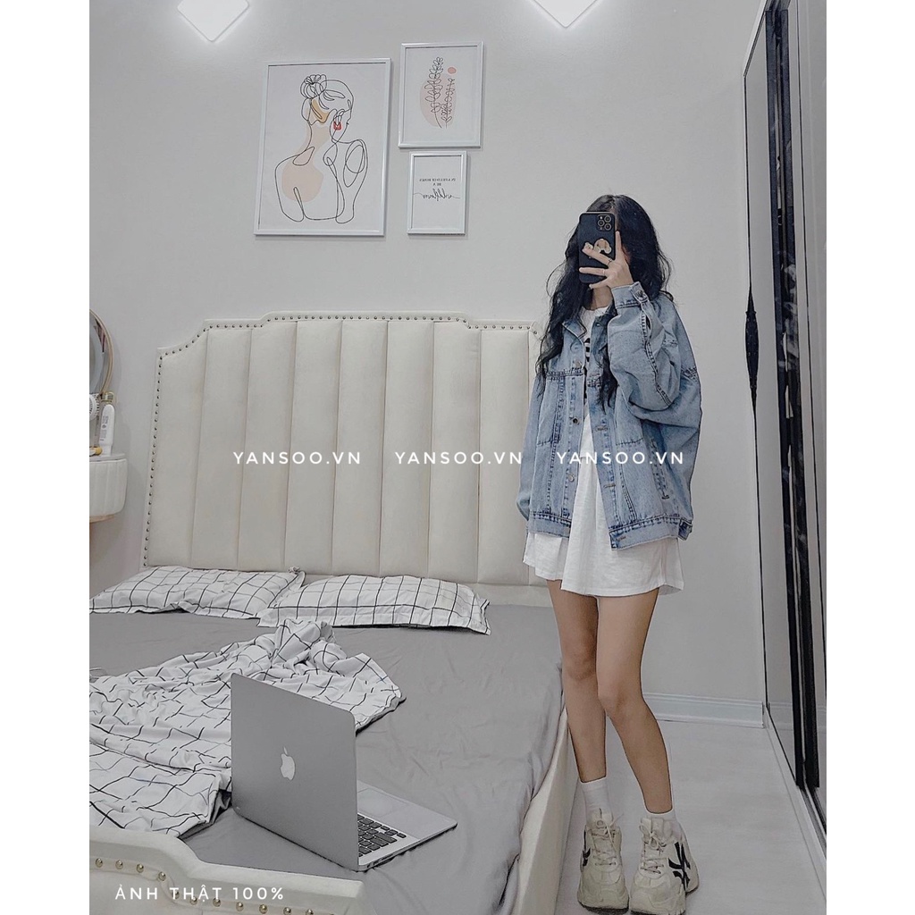 Áo khoác jean nữ from rộng túi trước , áo khoác bò denim xanh nhạt tay dài Quảng Châu chất dày dặn đẹp YANSOO