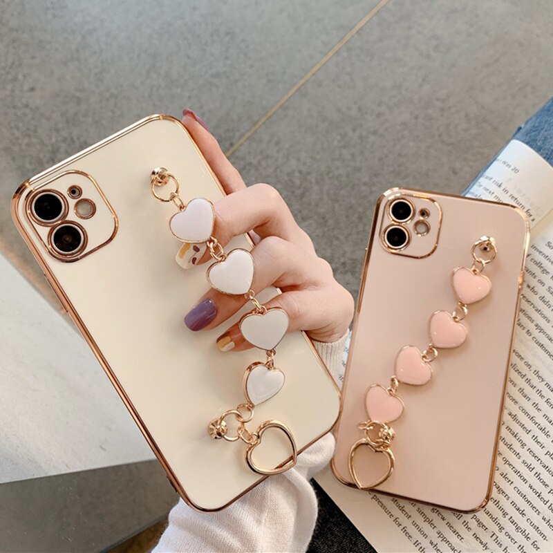 iPhone 12 Pro Max Case Luxury Gold Plated Heart Bracelet Hand Strap Cover  iPhone PRO MAX 11 XS MAX XR X XS 7 8 Plus Case