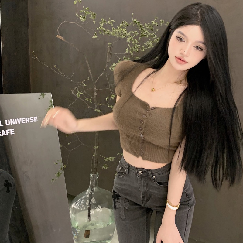 Áo Sweater Dệt Kim Tay Ngắn Cổ Vuông Dáng Ôm Thời Trang Trẻ Trung