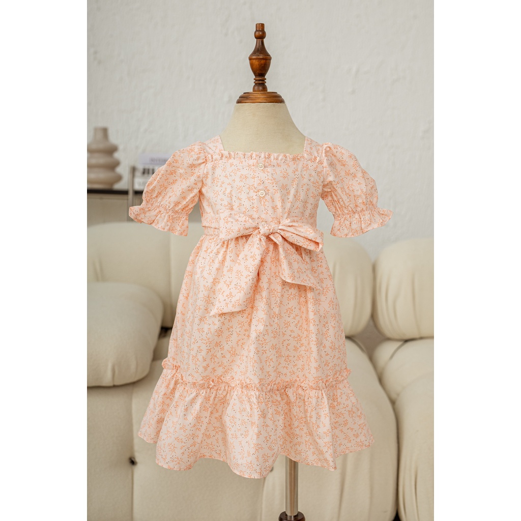 Váy đầm bé gái thiết kế đầm công chúa cotton cao cấp mùa thu mặc đi chơi nhún chun màu hồng tay búp Pansies Kids