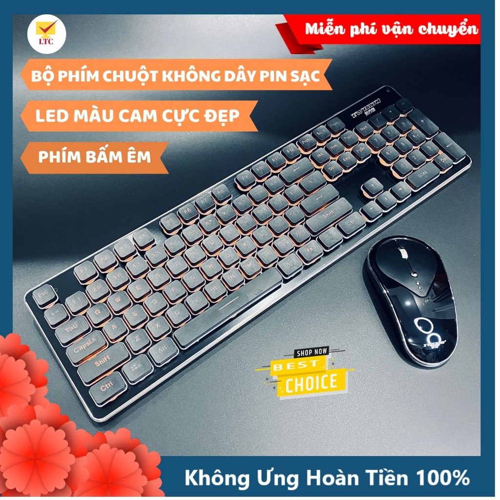 Bộ Chuột Và Bàn Phím Không Dây GLK350 Bàn Phím Có Đèn Led Màu Cam, Kết Nối 2.4Ghz, Dùng Pin Sạc Siêu Trâu, Phím Êm