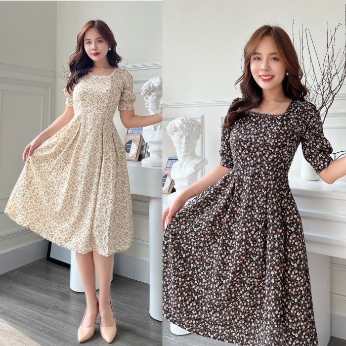 Đầm xòe hoa nhí cổ vuông phối ren tay phồng có túi - GR0224