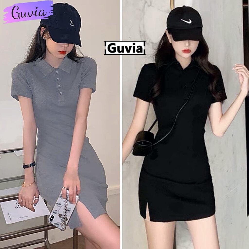Váy Body Cổ Polo Xẻ Trước Chất Thun Gân Tăm, Đầm Ôm Sexy GUVIA