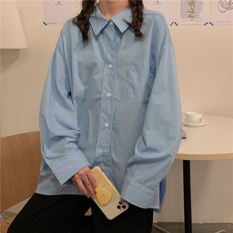 【ZHELIHANGFEI】Áo Sơ Mi Tay Dài Dáng Rộng Cổ Bẻ Dễ Phối Đồ Hợp Thời Trang