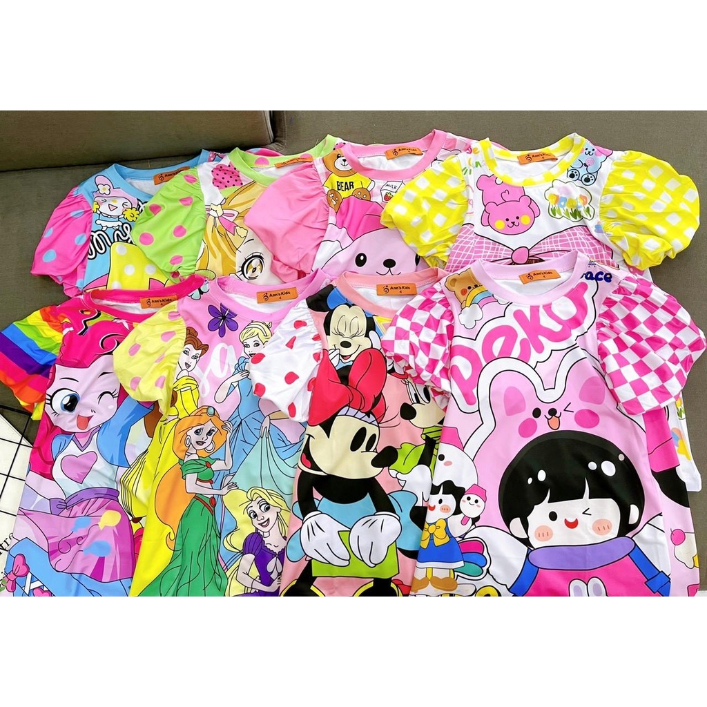 Đầm tay phồng bé gái đẹp thun lạnh in 3D mềm mát mùa hè size đại 20 đến 40kg