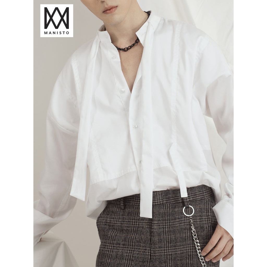 ÁO SƠ MI NAM CỔ TRỤ FORM RỘNG CHẤT VẢI MỀM MỊN ĐƯỜNG MAY SẮC SẢO SIÊU THANH LỊCH, THẮT NƠ TRƯỚC NGỰC