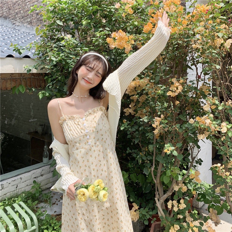 Set Đầm Hoa Sát Nách Và Áo Khoác Cardigan Chống Nắng Cho Nữ