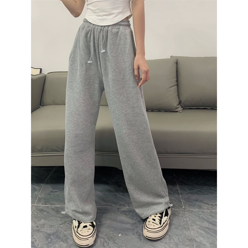 Quần Thể Thao Nữ Dài Lưng Cao Ống Rộng Màu Đen Phong Cách Hàn Quốc