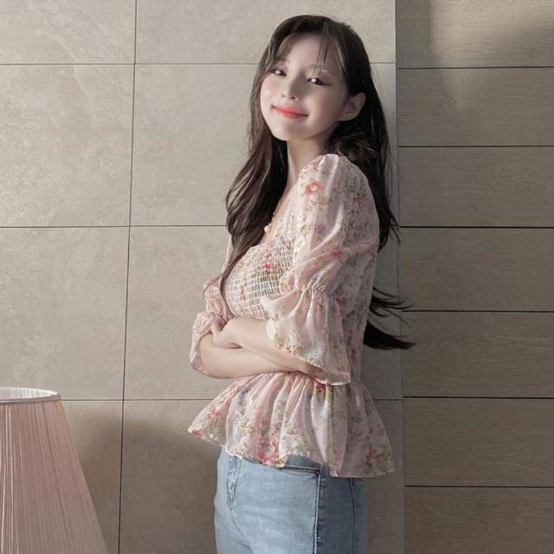 Áo Sơ Mi Chiffon Tay Loe Ôm Eo In Họa Tiết Hoa Phong Cách Mới Cho Nữ